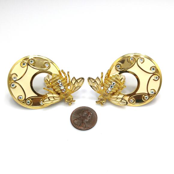 Vintage Large Bee Insect Clip Earrings, Cream Enamel - Picture 6 of 10